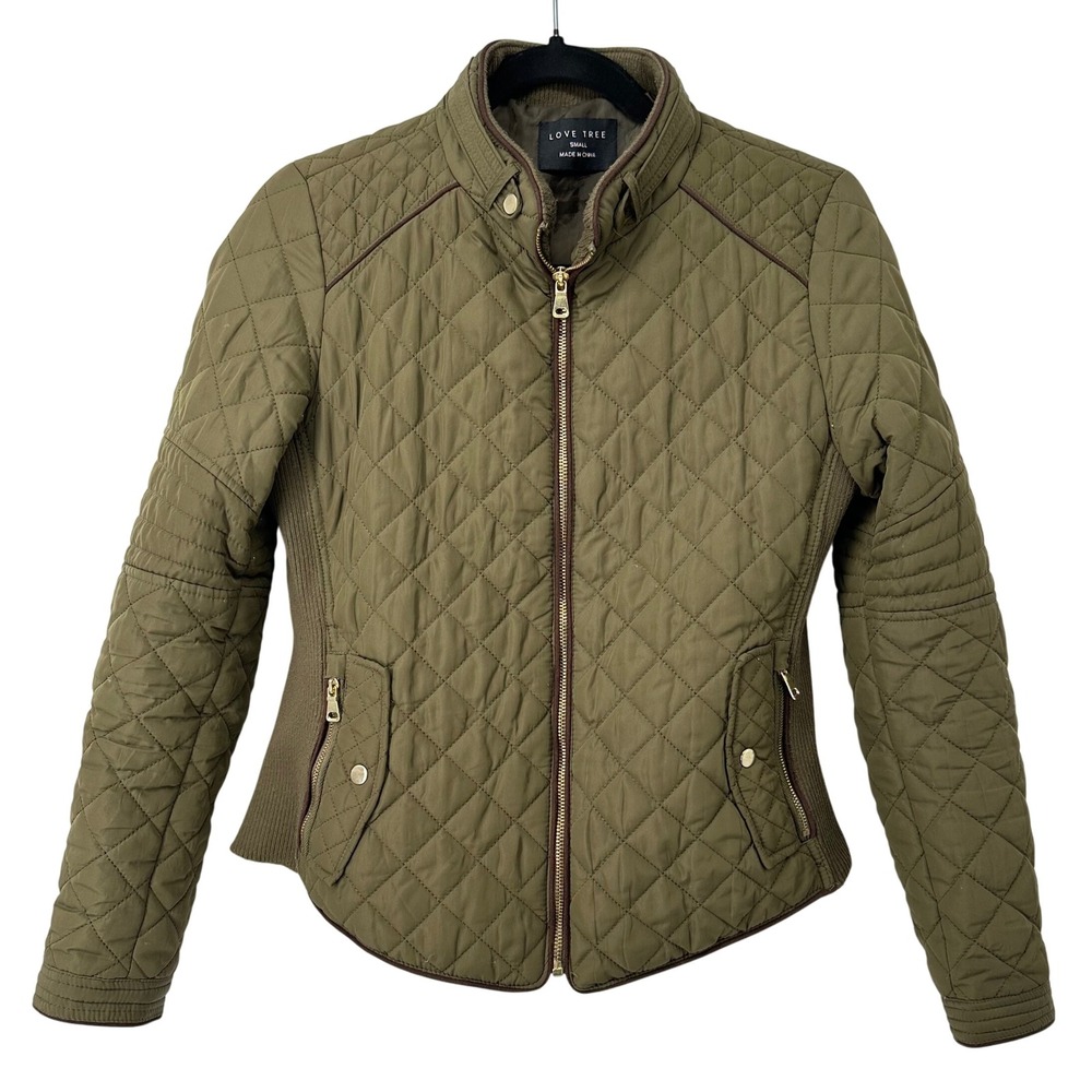 Love Tree Quilted Jacket Puffer Olive Green Gold Zipper S Womens Coat Cozy Warm